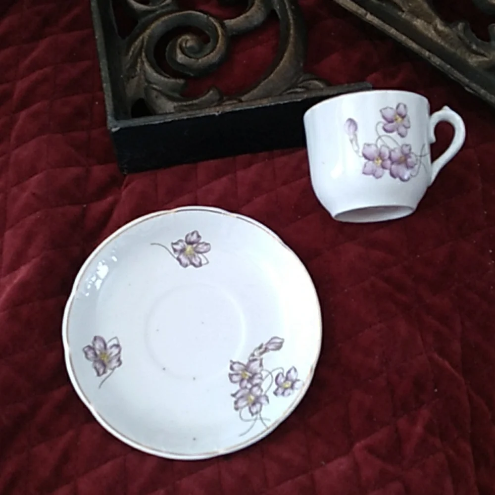 3 ESPRESSO Saucers w/ DELICATE VIOLETS 2 Petite Plates VINTAGE GERMANY VNPLVC